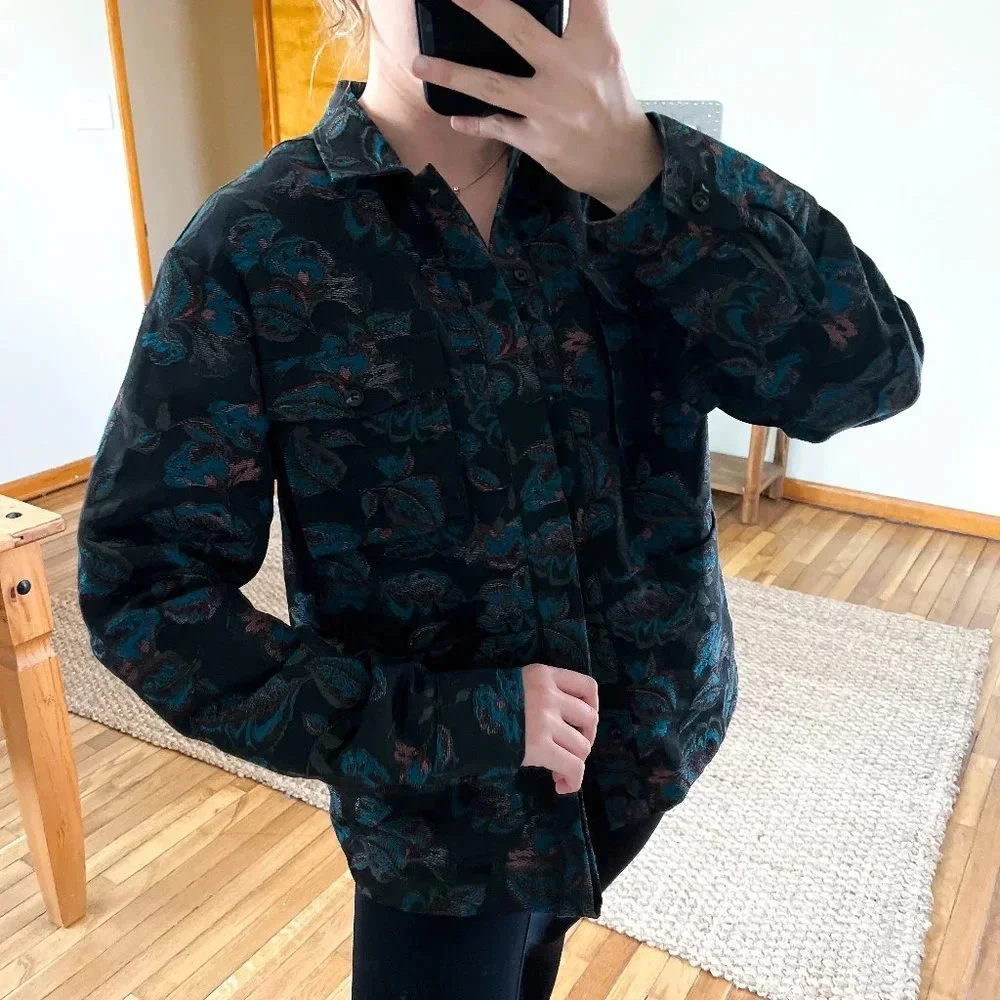 Soulland Black Floral Collared Bohemian Festival Style Button Down Canvas Jacket - Picture 1 of 12